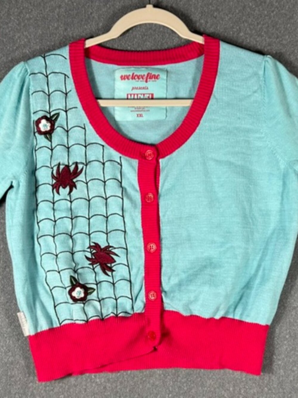 We Love Fine Marvel Spider Gwen Cropped Cardigan Womens Sz XXL Pink & Blue